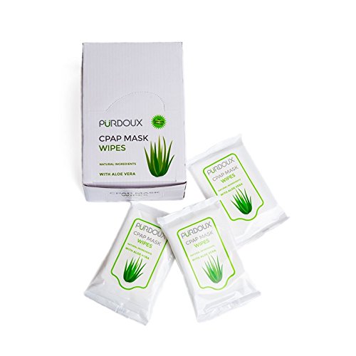 PÜRDOUX 100% algodón CPAP Mascarilla Toallitas con Aloe Vera (caja de 120 toallitas húmedas en 12 sobres resellables, 10 toallitas por bolsa)