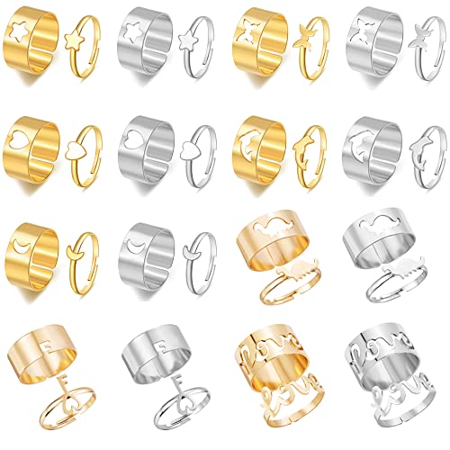 Pybider 32 anillos a juego para parejas, anillos para él y ella, ajustables, abiertos, para tobillo, apilables, modernos, mariposas, corazón, estrella, luna, dinosaurios, para hombre y mujer