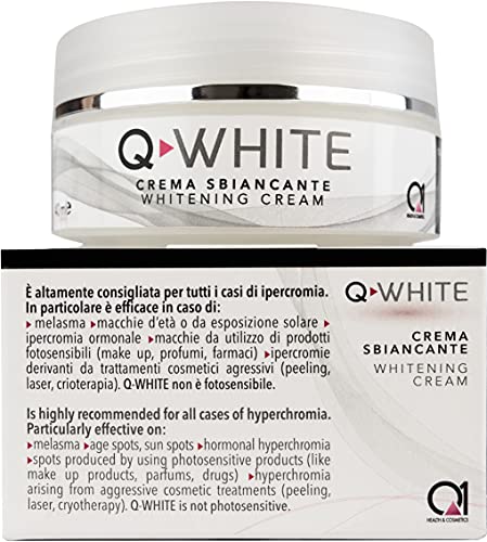 Q-WHITE crema gel aclarante para blanquear las manchas de la piel de varia origen (hipercromia, hiperpigmentaciòn, melasma, mancha solar, seniles, hormonales debidos a la inflamación postoperatoria.)