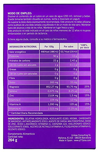 Q77+ COLÁGENO | Comprimidos de Colágeno con Magnesio, Ácido Hialurónico, Zinc, Factor 77 y Vitaminas A, C y K | Suplemento Nutricional Antienvejecimiento | Antiarrugas | 24 Sobres de 11 gr