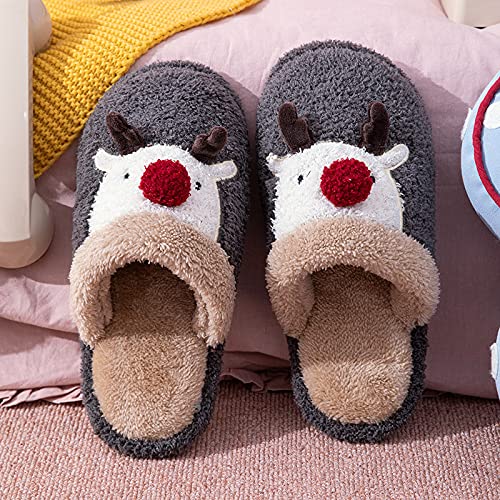 QAZW Zapatillas De Navidad De Felpa Suave para Hombre y Mujer, Zapatillas Antideslizantes Cálidas Retro, Zapatos De Casa Antideslizantes, Pantuflas De Mujer Mullidas y Bonitas,Brown-44/45EU