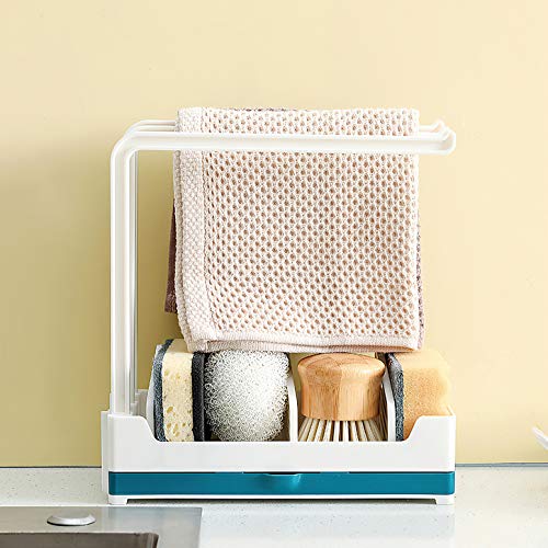 Qisiewell Organizador de Fregadero 3 Soporte Estable para paños de Cocina Soporte para Utensilios de Cocina Bandeja de Goteo Soporte para Esponja Soporte para Toallas de té Organizador Azul/Blanco