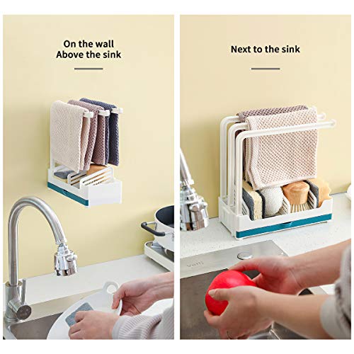 Qisiewell Organizador de Fregadero 3 Soporte Estable para paños de Cocina Soporte para Utensilios de Cocina Bandeja de Goteo Soporte para Esponja Soporte para Toallas de té Organizador Azul/Blanco