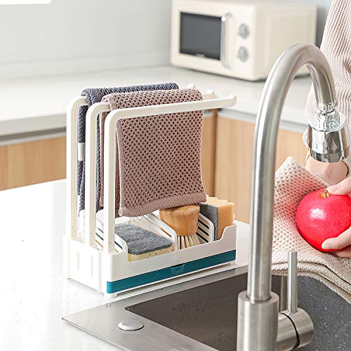 Qisiewell Organizador de Fregadero 3 Soporte Estable para paños de Cocina Soporte para Utensilios de Cocina Bandeja de Goteo Soporte para Esponja Soporte para Toallas de té Organizador Azul/Blanco