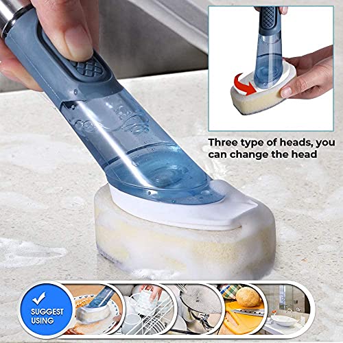Queta 3 en 1 Cepillo Limpieza de Platos con Mango,Cepillo de Cocina Almacenamiento de Detergente,Se Utiliza para Lavar Platos y Ollas,Limpiar la Cocina ,Eliminar la Suciedad y el Aceite,Azul