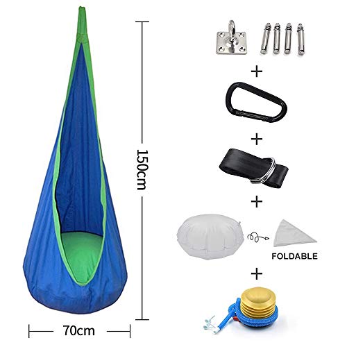 Queta Silla de Hamaca para niños Silla Pod Swing para Interiores y exteriors Columpio para niños Silla Colgante para niños en 100% algodón con Sistema de suspensión e inflado (Azul)