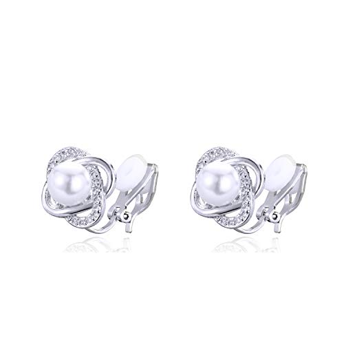QUKE Pendientes de perlas de agua dulce con cierre de clip CZ de cristal no perforado para joyería de mujer
