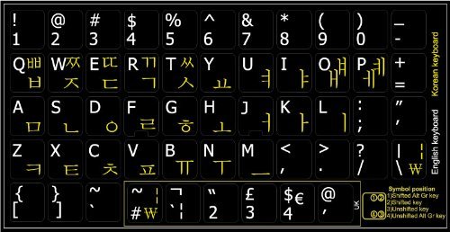 Qwerty Keys Coreano - Inglés Negro Pegatinas con Letras Blancas y Amarillas adecuados para Cualquier Teclado