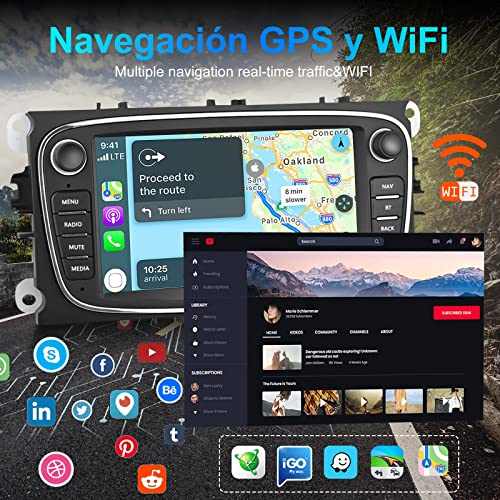 Radio Coche 7 Pulgadas para Ford Focus Mondeo C-MAX S-MAX Galaxy II Kuga, Autoradio 2DIN de Ford con Bluetooth/WiFi/GPS/FM/RDS/USB, Apoyo Mandos Volante, Mirrorlink y Aparcamiento