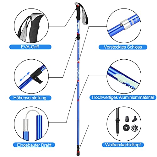 RANJIMA Bastones Trekking Plegable, 2pcs Bastónes de Senderismo, 35cm-135cm Bastones de Trekking Ajustables Aleación de Aluminio Bastón Senderismo para Montañismo, Senderismo, Esquí