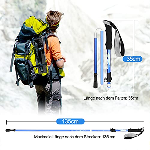 RANJIMA Bastones Trekking Plegable, 2pcs Bastónes de Senderismo, 35cm-135cm Bastones de Trekking Ajustables Aleación de Aluminio Bastón Senderismo para Montañismo, Senderismo, Esquí