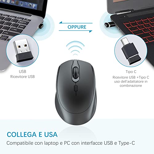 Ratón Inalámbrico Silencioso, TopMate 2.4 G Office Silent Mouse para Ordenador Portátil con Adaptador de Tipo C, 3 dpi Ajustables, Ratón Ergonómico para Portátil/PC/Windows/Mac OS - Negro