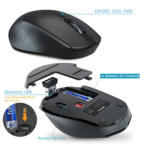 Ratón Inalámbrico Silencioso, TopMate 2.4 G Office Silent Mouse para Ordenador Portátil con Adaptador de Tipo C, 3 dpi Ajustables, Ratón Ergonómico para Portátil/PC/Windows/Mac OS - Negro