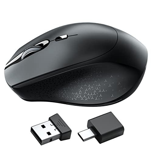 Ratón Inalámbrico Silencioso, TopMate 2.4 G Office Silent Mouse para Ordenador Portátil con Adaptador de Tipo C, 3 dpi Ajustables, Ratón Ergonómico para Portátil/PC/Windows/Mac OS - Negro
