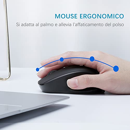 Ratón Inalámbrico Silencioso, TopMate 2.4 G Office Silent Mouse para Ordenador Portátil con Adaptador de Tipo C, 3 dpi Ajustables, Ratón Ergonómico para Portátil/PC/Windows/Mac OS - Negro