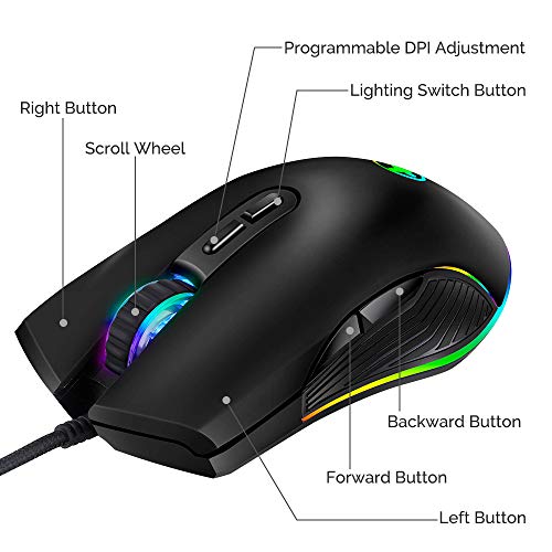 Ratones RGB LED para Juegos,3200DPI,Puerto USB C con Cable para Apple MacBook Pro 2017/2016, MacBook 14 Pulgadas,Chromebook,PC con Windows,Computadora o Computadoras Portátiles con Puerto Tipo C