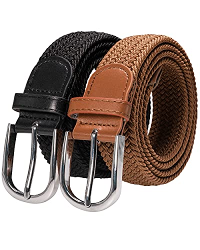 RBOCOTT 2ps Cinturones Elásticos Trenzados,Cinturón de Tejido Elástico, Cinturón Elásticos Trenzado para Hombre y Mujer,Cinturón de Nylon, Cinturón Negro,Cinturón Marrón(125cm)
