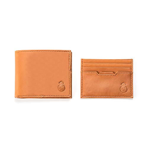Real Madrid - Cartera Tarjetero Hecho a Mano con Piel Juego de 2 Piezas. (Marron Claro). RMJ-80011T