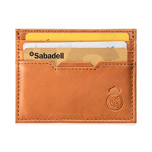 Real Madrid - Cartera Tarjetero Hecho a Mano con Piel Juego de 2 Piezas. (Marron Claro). RMJ-80011T