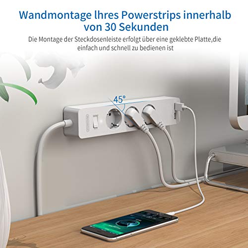 Regletas Enchufes con Interruptor, NTONPOWER Enchufe Multiple de Pared con Hoja de Plástico y Tornillos, Alargador Enchufe de 3 Toma y 2 USB, Protección Infantil, Alargadera 1.5 Metros, Ladron Enchufe