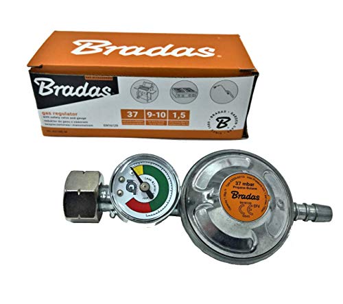 Regulador de gas butano propano 37 mbar, 1,5 kg/h con válvula de emergencia y manómetro + 2 abrazaderas de manguera I PARA manguera de 9-10 mm I Perfecto para barbacoa, camping, caravana, fontanero