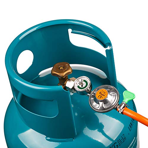 Regulador de gas butano propano 37 mbar, 1,5 kg/h con válvula de emergencia y manómetro + 2 abrazaderas de manguera I PARA manguera de 9-10 mm I Perfecto para barbacoa, camping, caravana, fontanero