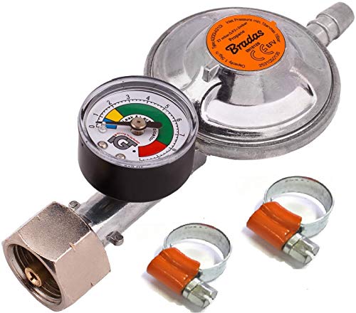 Regulador de gas butano propano 37 mbar, 1,5 kg/h con válvula de emergencia y manómetro + 2 abrazaderas de manguera I PARA manguera de 9-10 mm I Perfecto para barbacoa, camping, caravana, fontanero