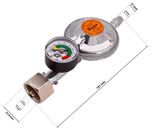 Regulador de gas butano propano 37 mbar, 1,5 kg/h con válvula de emergencia y manómetro + 2 abrazaderas de manguera I PARA manguera de 9-10 mm I Perfecto para barbacoa, camping, caravana, fontanero
