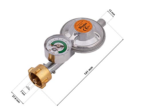 REGULADOR DE GAS DE BUTANO PROPANO 50 mbar, 1,5 kg/h CON VÁLVULA DE EMERGENCIA E INDICADO, ROSCA MACHO DE 1/4L, BBQ, CAMPING, CARAVANA, PLUMBER