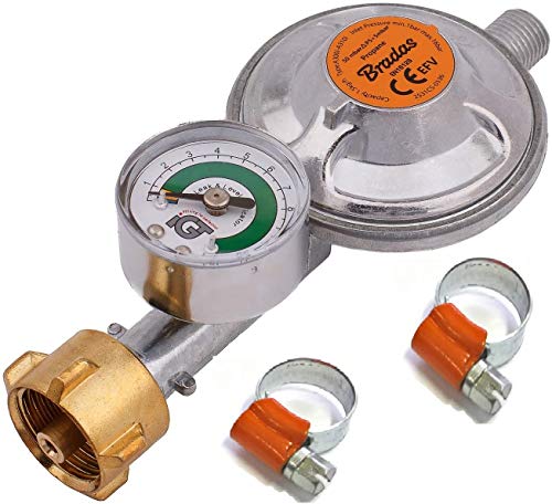 REGULADOR DE GAS DE BUTANO PROPANO 50 mbar, 1,5 kg/h CON VÁLVULA DE EMERGENCIA E INDICADO, ROSCA MACHO DE 1/4L, BBQ, CAMPING, CARAVANA, PLUMBER