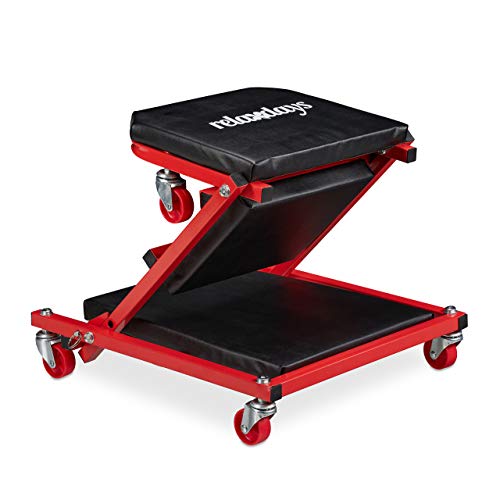 Relaxdays 10033759 Tabla, asiento de ruedas 2 en 1 y tumbona de taller, plegable, giratorio 360°, para coche, acero, color negro, Multifunktions-Werkstatthocker bis 150 kg
