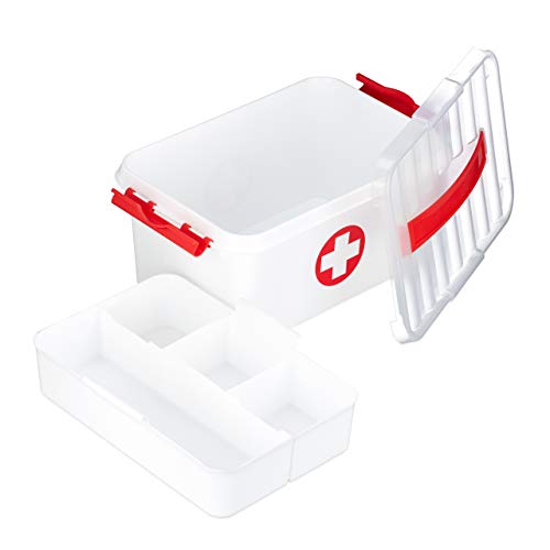 Relaxdays, Blanco, 21 x 30 x 14,5 cm Caja Medicamentos para Botiquín de Primeros Auxilios, Plástico