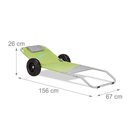 Relaxdays Carro de Playa Plegable y Tumbona 2 en 1, Acero, Verde, 118x67x64 cm