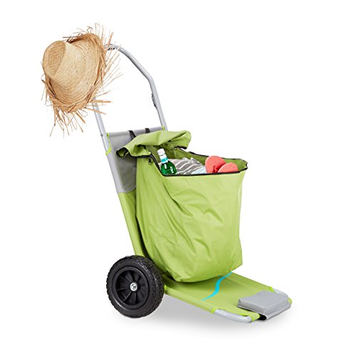 Relaxdays Carro de Playa Plegable y Tumbona 2 en 1, Acero, Verde, 118x67x64 cm