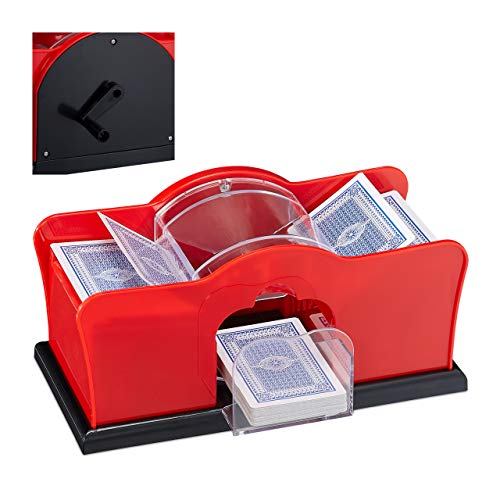 Relaxdays, Kartenmischmaschine, Mezclador Cartas, 2 Mazos, Manivela, Barajador Manual para Juegos Cartas hasta 91 mm, Plástico, Rojo y Negro