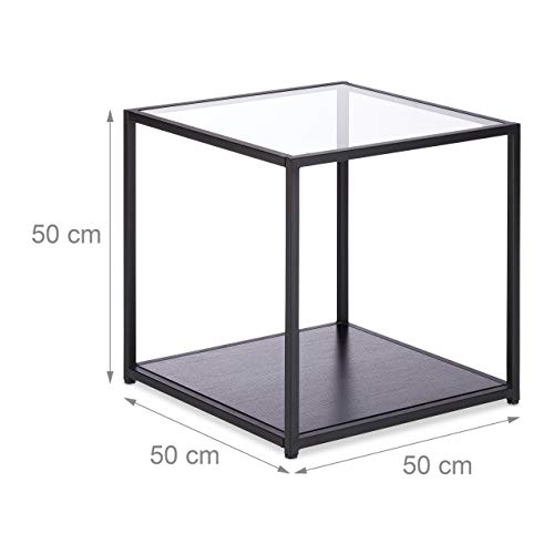 Relaxdays Mesa Auxiliar Cuadrada con Dos Baldas, Cristal-DM-Metal, Negro-Marrón, 50 x 50 x 50 cm