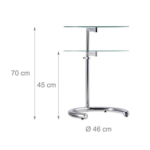 Relaxdays Mesa Auxiliar de Altura Regulable hasta 70 cm, Mesita Café, Acero Cromado-Cristal, Superficie 46 cm, Plateado, 70 x 46 x 46 cm