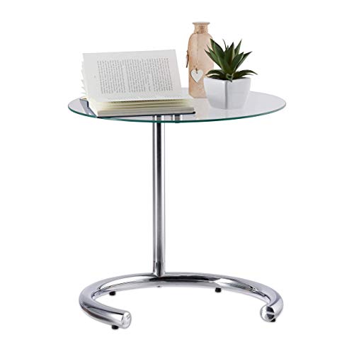 Relaxdays Mesa Auxiliar de Altura Regulable hasta 70 cm, Mesita Café, Acero Cromado-Cristal, Superficie 46 cm, Plateado, 70 x 46 x 46 cm