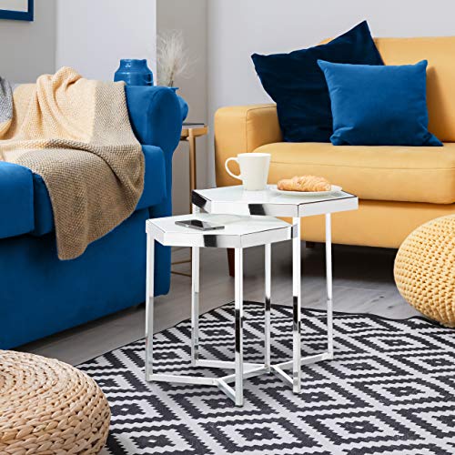 Relaxdays Set 2 Mesas Auxiliares Modernas, Cristal y Acero, Plateado, 50 X 41,5 X 41,5 cm