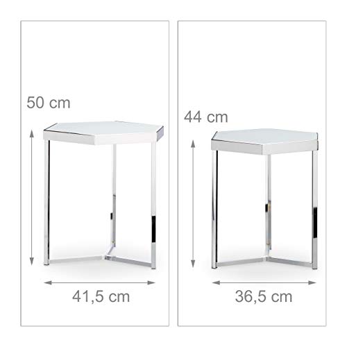 Relaxdays Set 2 Mesas Auxiliares Modernas, Cristal y Acero, Plateado, 50 X 41,5 X 41,5 cm