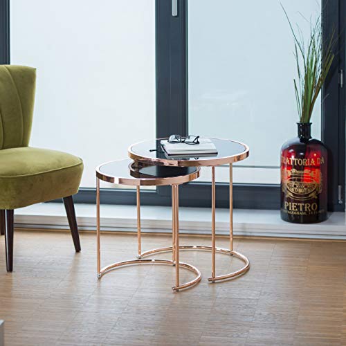 Relaxdays Set 2 Mesas Auxiliares Redondas, Cristal y Acero, Cobre, 51 x 50 x 50 cm
