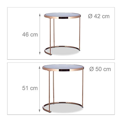 Relaxdays Set 2 Mesas Auxiliares Redondas, Cristal y Acero, Cobre, 51 x 50 x 50 cm