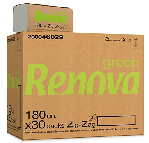 Renova Toallas Secamanos Zig-Zag Renovagreen | 30 Paquetes de 180 Unidades | 5.400 Toallas | Papel Reciclado 2 Capas | Certificado FSC® y Ecolabel