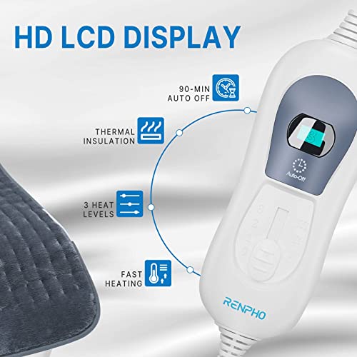 RENPHO Gris Manta Eléctrica Lumbar, Almohadilla Térmica Ajuste de Temperatura de 3 Niveles, Apagado Automático en 90 min, material de franela lavable, 60×30cm Puede Aliviar el Dolor Corporal