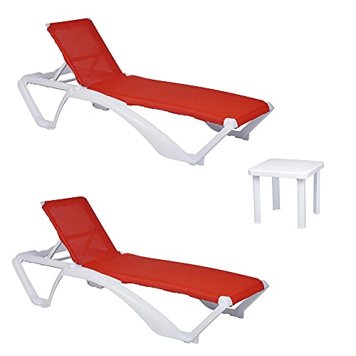 RESOL Acqua Set 2 Tumbonas y 1 Mesa Auxiliar Andorra | Conjunto de Tumbonas con Ruedas Apilables | Muebles de Jardín Exterior | Estructura y Mesilla Blanca Textilene Rojo