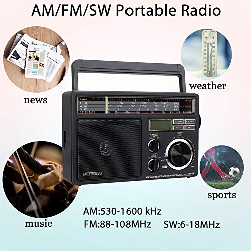 Retekess TR618 FM Am SW Radio Portátil, Radio de Onda Corta para Personas Mayores, Soporte para Disco USB, Tarjeta TF/SD, Reproductor MP3, Altavoz de 3W, Fuente de Alimentación de AC o Baterías 3D
