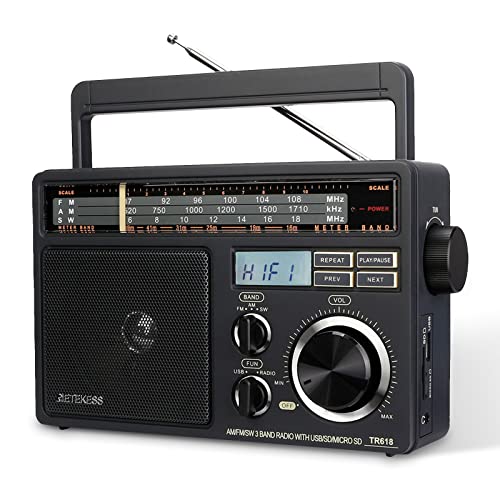 Retekess TR618 FM Am SW Radio Portátil, Radio de Onda Corta para Personas Mayores, Soporte para Disco USB, Tarjeta TF/SD, Reproductor MP3, Altavoz de 3W, Fuente de Alimentación de AC o Baterías 3D