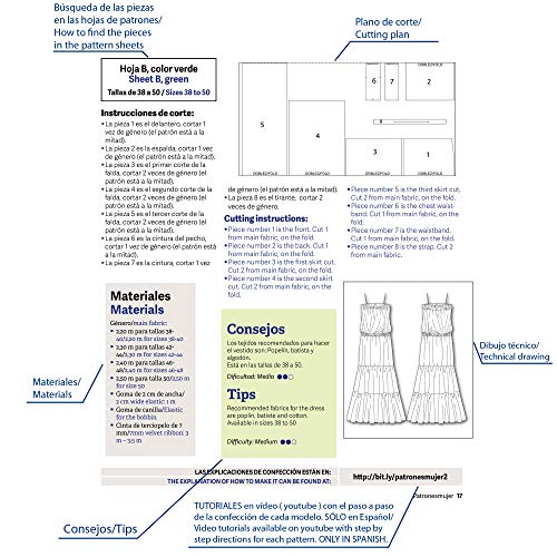 Revista PATRONESMUJER nº1. 29 patrones de ropa para mujer. Tallas de la 36 a la 52. Tutoriales en vídeo(Youtube). Cutting instructions.