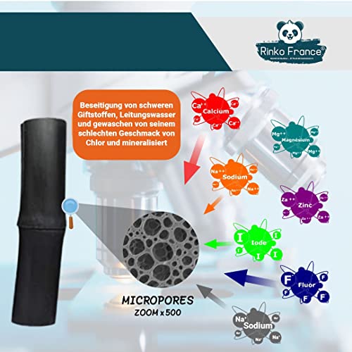 Rinko France| Binchotan de bambú 5 bastón de carbón activo ecológico para purificación y mineralización de agua 100% eficiente y ecológico, pinza elegante de bambú incluida.