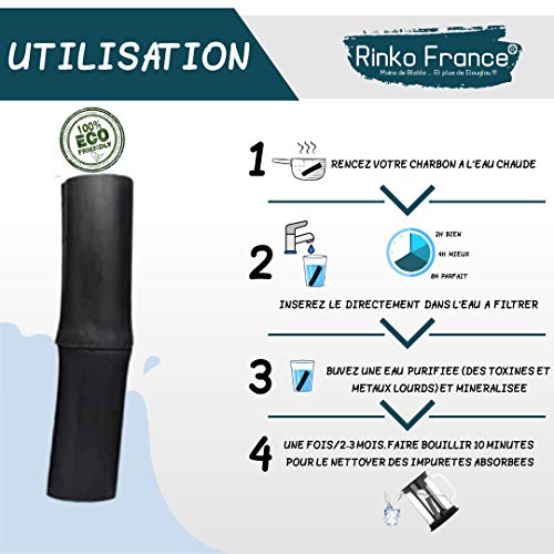 Rinko France| Binchotan de bambú 5 bastón de carbón activo ecológico para purificación y mineralización de agua 100% eficiente y ecológico, pinza elegante de bambú incluida.